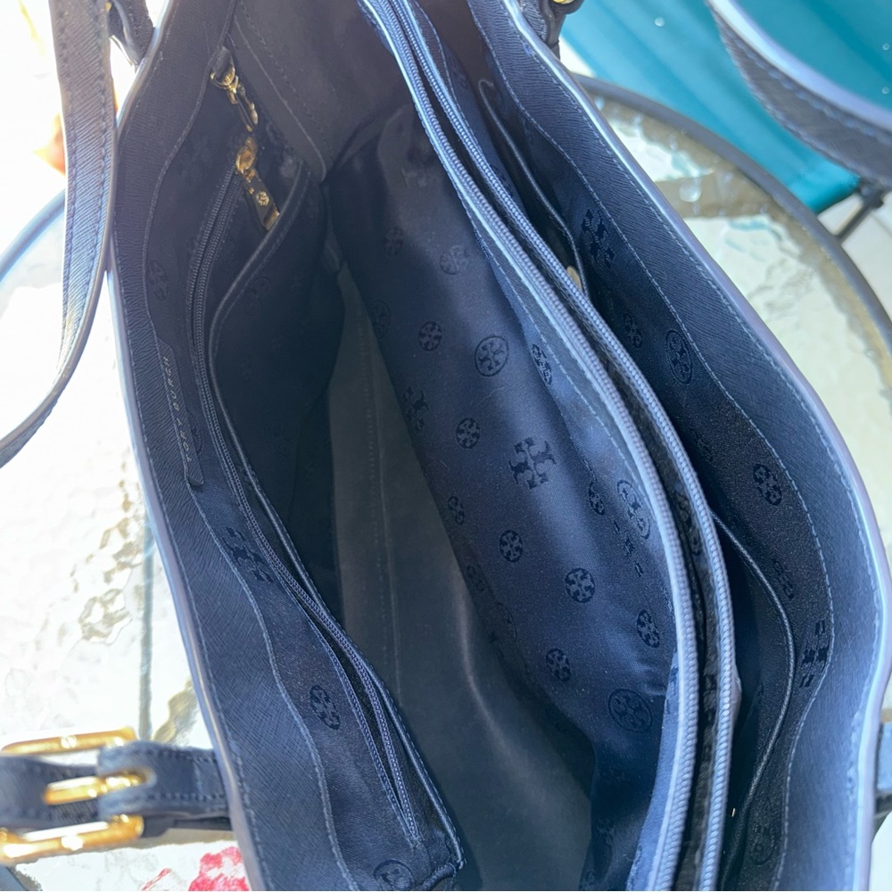 Tory Burch Womens Dark Blue Saffiano Leather Inner Pocket Double Handle Tote Bag - Picture 8 of 11